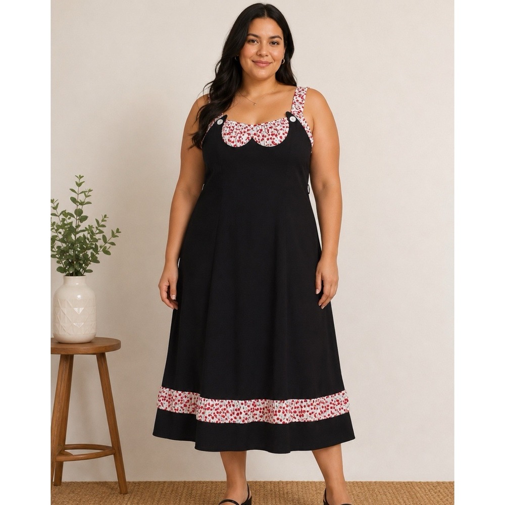 Bettie Page Las Vegas XL Cherry Print Retro Rockabilly Pinup Dress Milkmaid NEW